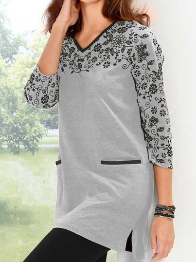 

V Neck Floral Loose Vacation T-Shirt, Multicolor, Shirts & Blouses