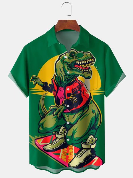

Mens Funky Dinosaurs Skattboard Print Front Buttons Soft Breathable Chest Pocket Casual Hawaiian Shirts, Green, Men's Floral shirt