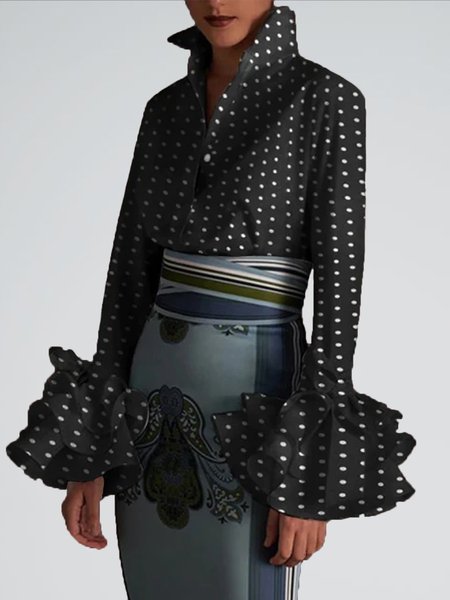 

Polka Dots Urban Shirt Collar Long Sleeve Blouse, Black, Blouses and Shirts