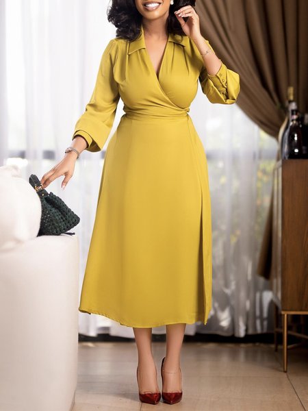 

Simple Long Sleeve Plain Regular Fit Midi Dress, Yellow, Midi Dresses