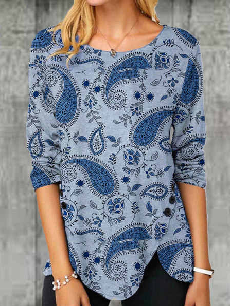 

Crew Neck Paisley Loose Tops, Multicolor, Shirts & Blouses