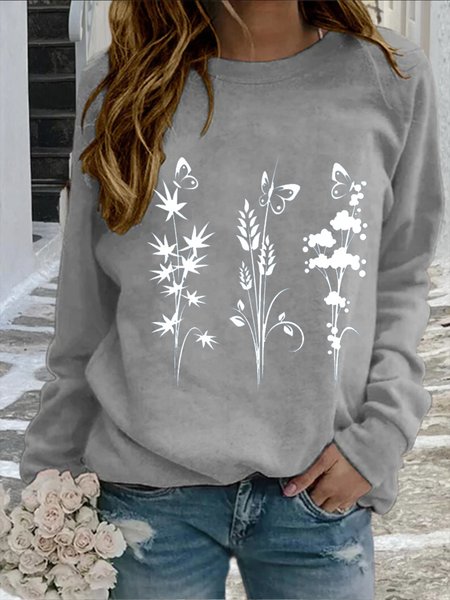 

Loose Crew Neck Floral Sweatshirts, Gray, Sweatshirts & Hoodies