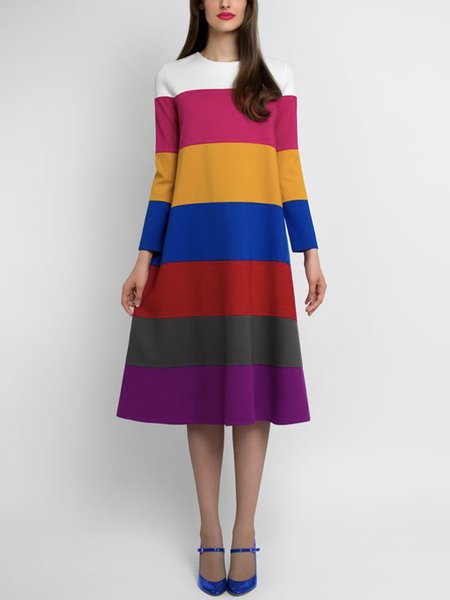 

Regular Fit Crew Neck Striped Long Sleeve Midi Dress, Multicolor, Midi Dresses