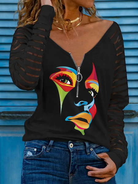 

Abstract Figure Print Zip Front Long Sleeve Top, Black, T-Shirts