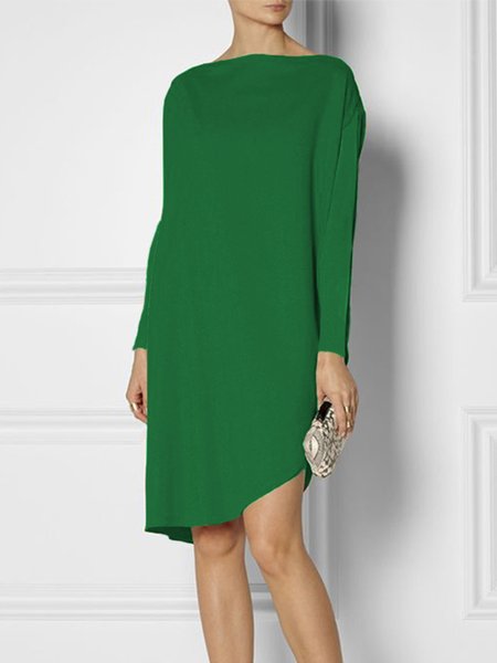 

Boat Neck Plain Simple Long Sleeve Knee Dress, Green, Midi Dresses