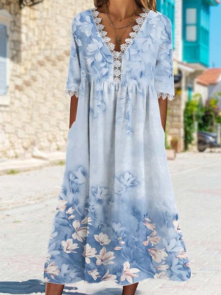 

Cotton-Blend Casual Floral Dresses, Blue, Dresses