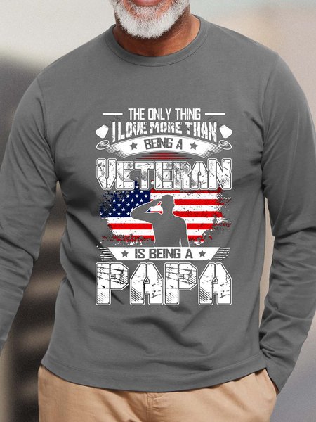 

Men Veterans America Flag Loose Cotton Crew Neck T-Shirt, Gray, Long Sleeves