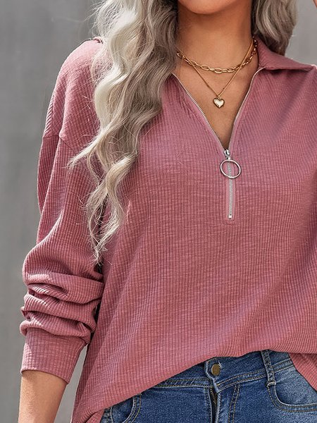 

Women Plain Simple Autumn Zipper Daily Shawl Collar Rib Fabric Regular Regular Size Sweatshirt, Dusty pink, Hoodies & Sweatshirts