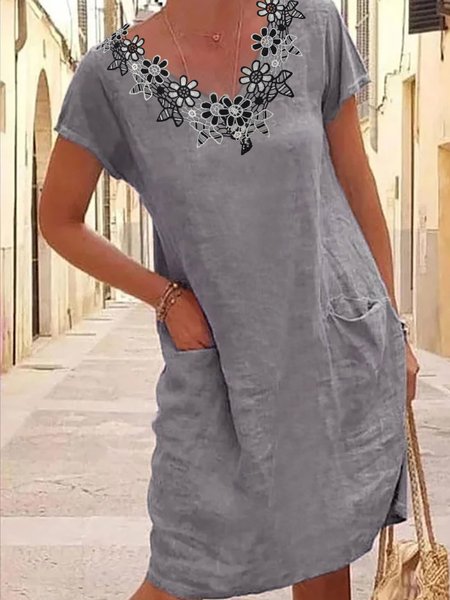 

V Neck Cotton Casual Dresses, Gray, Dresses