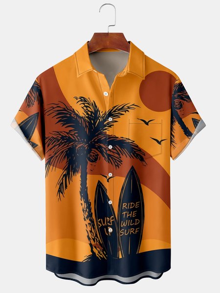 

Men's Coconut Tree Print Casual Breathable Hawaiian Short Sleeve Shirt, Yellow, Short Sleeve Shirts