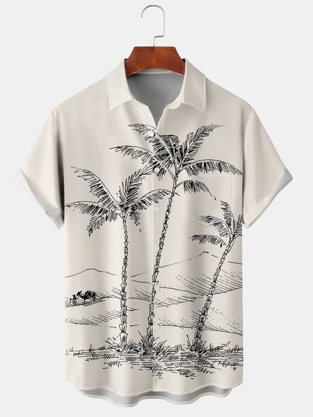 

Men's Artistic Coconut Tree Print Casual Breathable Short Sleeve Shirt, Apricot, Short Sleeve Shirts