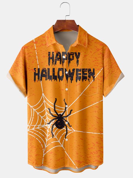 

Men's Halloween Spider Print Casual Breathable Hawaiian Short Sleeve Shirt, Yellow, Short Sleeve Shirts