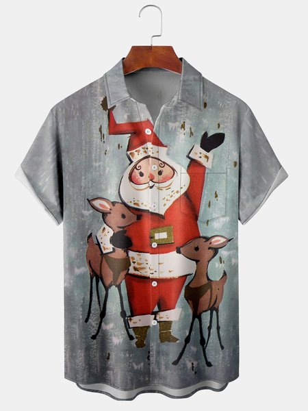 

Santa Claus Chest Pocket Short Sleeve Shirt, Gray, Men Shirts