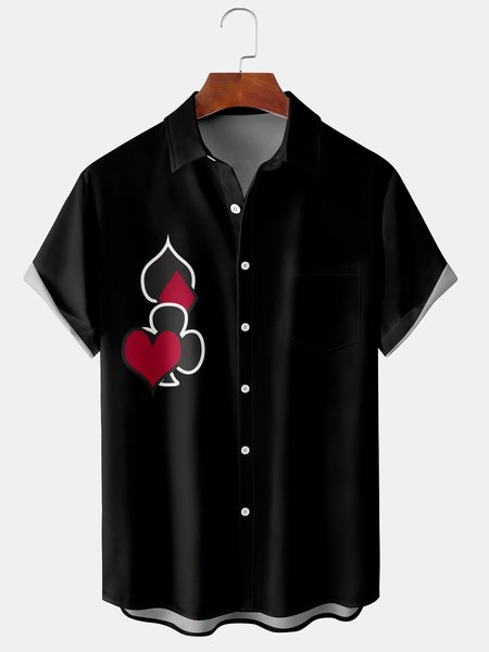 

Mens Poker Print Front Buttons Soft Breathable Chest Pocket Casual Hawaiian Shirt, Black, Short Sleeve Shirts