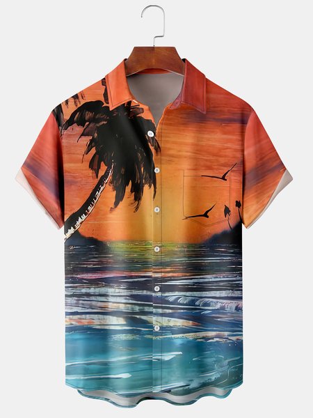 

Men's Art Painting Coconut Tree Print Casual Breathable Hawaiian Short Sleeve Shirt, Brown, Short Sleeve Shirts