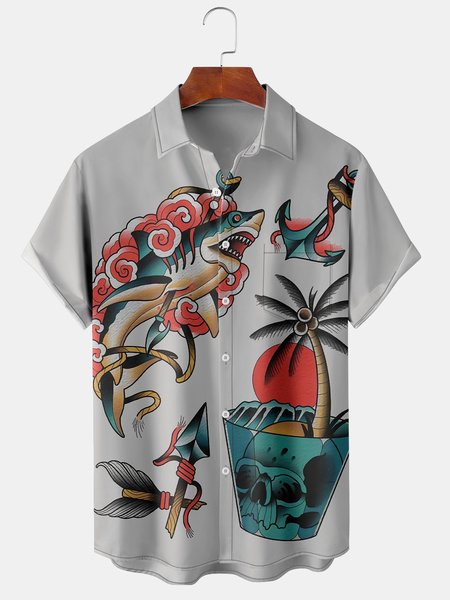 

Men's Coconut Tree Print Casual Breathable Hawaiian Short Sleeve Shirt, Gray, Short Sleeve Shirts