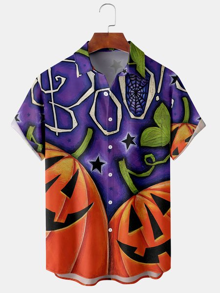 

Men's Halloween Pumpkin Print Casual Breathable Hawaiian Short Sleeve Shirt, Purple, Short Sleeve Shirts