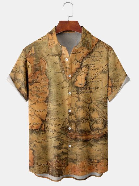 

Men's Printed Short Sleeve Hawaiian Shirt with Chest Pocket, Khaki, Short Sleeve Shirts