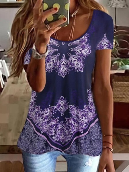 

JFN Crew Neck Ethnic Floral Design Casual Knit T-Shirt/Tee Purple, Blue purple, T-Shirts