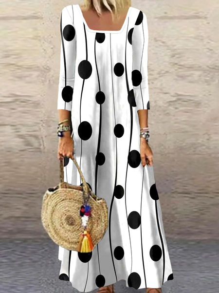 

Women Geometric Polka Dots Square Neck Loose Vacation Three Quarter Sleeve Dress, White, Maxi Dresses