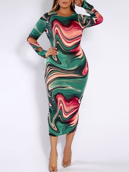 

Crew Neck Urban Long Sleeve Abstract Midi Dress, Green, Midi Dresses