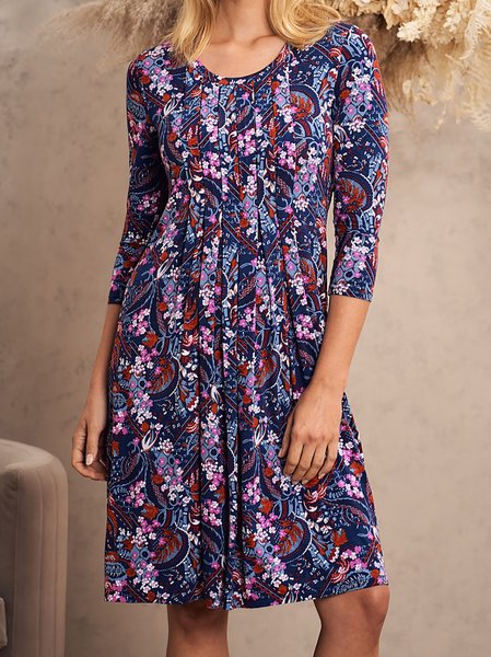 

Regular Fit Floral Crew Neck Dresses, Dark blue, Dresses