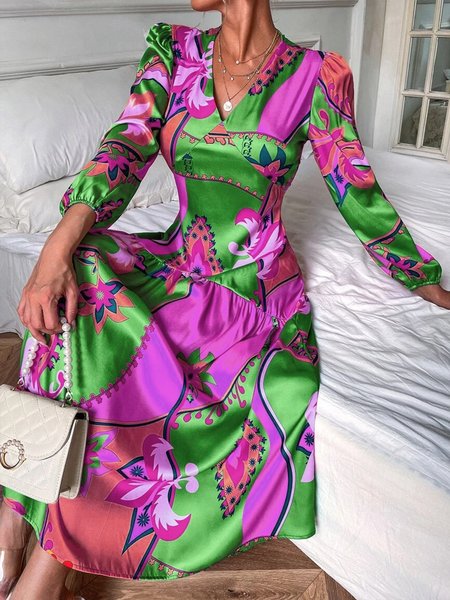 

Midi Long sleeve Regular Fit V Neck Floral Dress, Green, Maxi Dresses