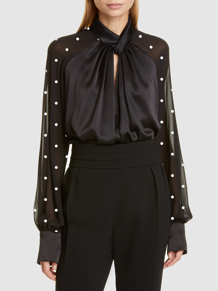 

Satin Polka Dots Long sleeve Elegant Stand Collar Loose H-Line Tops, Black, Blouses and Shirts