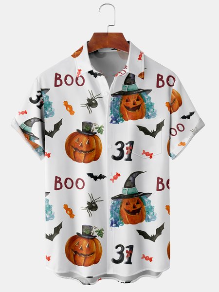 

Men's New Halloween Pumpkin Print Casual Breathable Hawaiian Short Sleeve Shirt, White, Short Sleeve Shirts