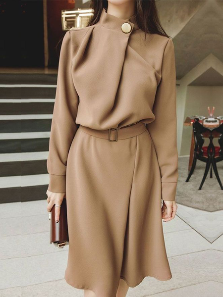 

Loose Long sleeve Stand Collar Loose Plain Daily Dresses, Brown, Mini Dresses