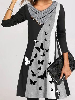 

Women Casual Animal Autumn Cross Neck Natural No Elasticity Regular Fit Long sleeve A-Line Dresses, Black, Mini Dresses