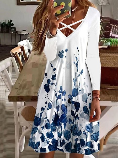 

V Neck Floral Loose Dresses, Blue, Dresses