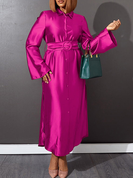 

Rose Satin Long sleeve Regular Red Elegant Regular Fit Dresses, Rose red, Midi Dresses