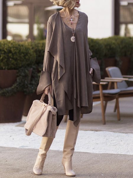 

Casual Long Sleeve Plain Midi Dress, Brown, Midi Dresses