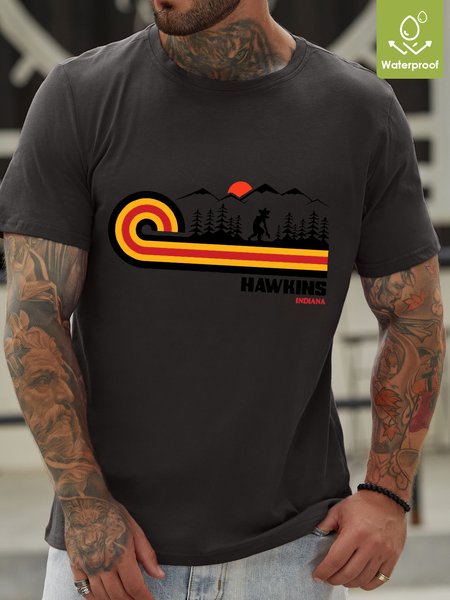 

Stranger Visit Hawkins Retro 70s Vibe Waterproof Oilproof And Stainproof Fabric T-Shirt, Deep gray, T-shirts