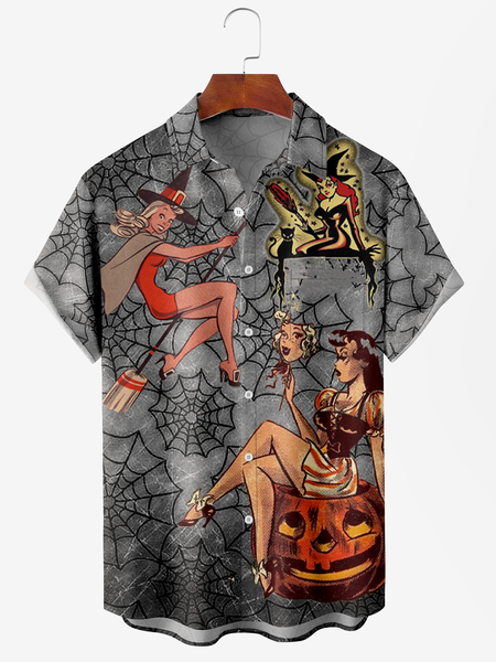 

Men's Halloween Pumpkin Print Moisture Wicking Fabric Fashion Lapel Short Sleeve Shirts, Gray, Short Sleeve Shirts