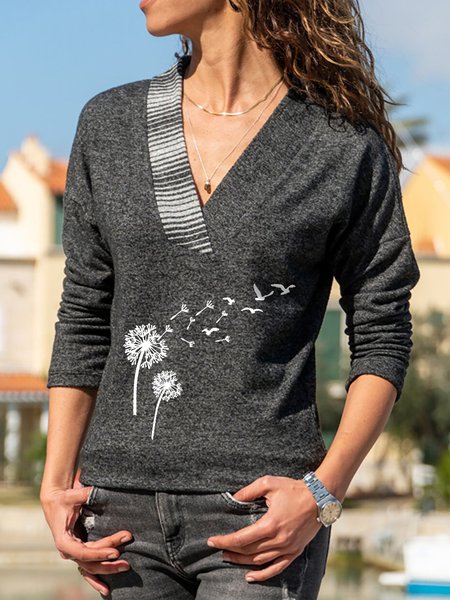 

V Neck Dandelion Casual Tops, Gray, Tops