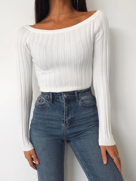 

Long Sleeve Plain Crew Neck Plain Sweater, White, Sweaters