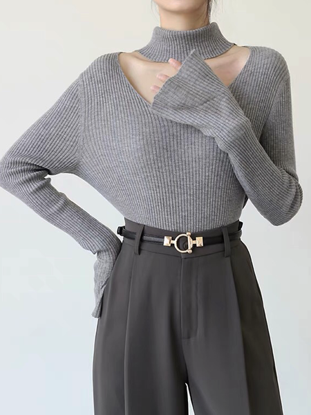 

Regular Fit Urban Half Turtleneck Long sleeve Hollow out Sweater, Gray, Sweaters