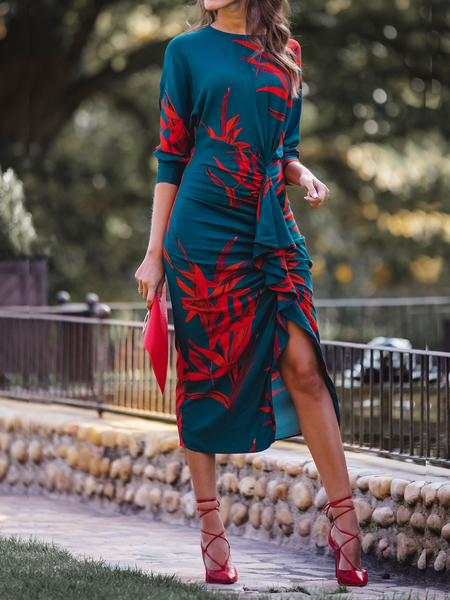 

High printing Tight Crew Neck Long sleeve Elasticity Elegant Dress, Deep green, Midi Dresses