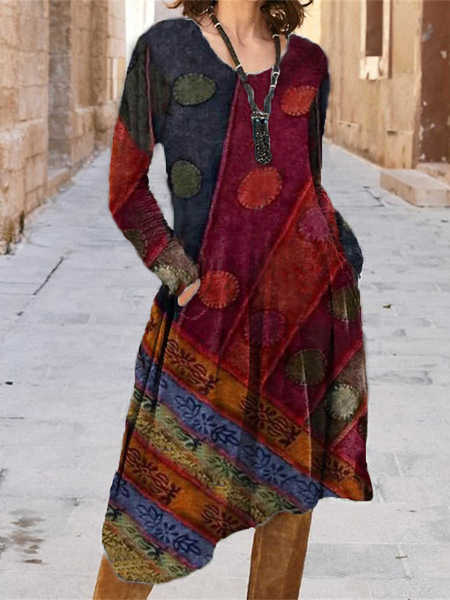 

Crew Neck Casual Cotton-Blend Dresses, Multicolor, Midi Dresses
