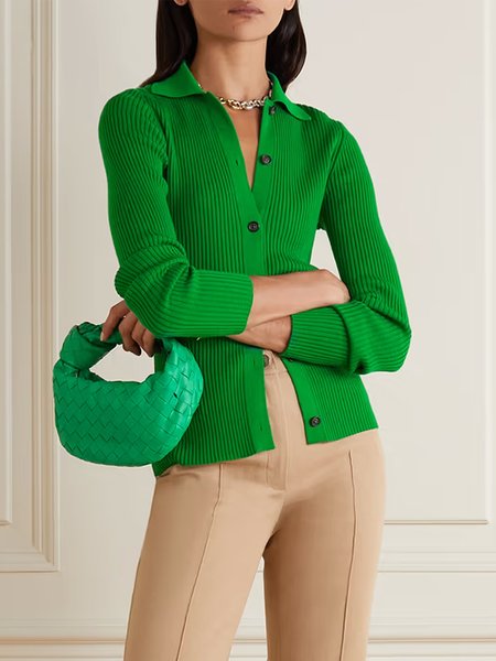 

Simple Shirt Collar Long Sleeve Sweater, Green, Cardigans