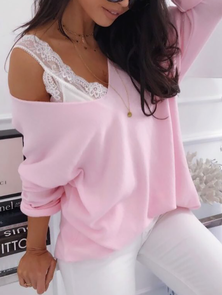 

Plain Casual V-neck Sweater, Pink, Sweaters