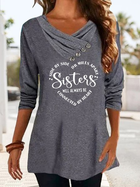 

Sisters Will Always Be Connected By Heart Women Long Sleeve Top, Gray, Tunics