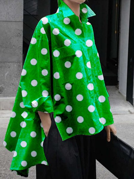 

Daily Casual Loose Shirt Collar Polka Dots Blouse, Green, Blouses and Shirts