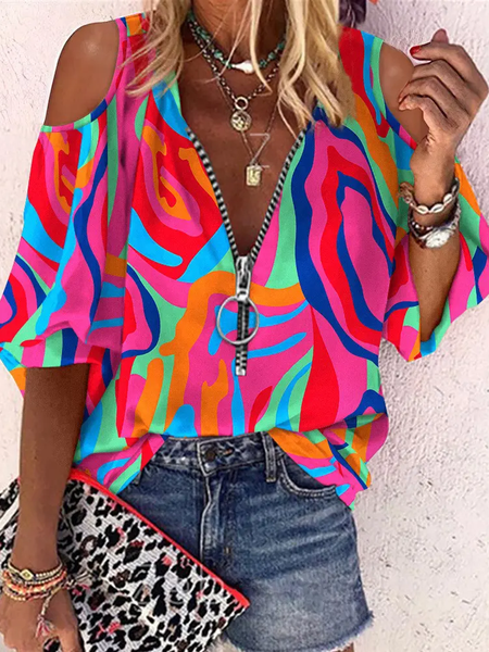 

Abstract Print Zip Front Cold Shoulder Top, Multicolor, Shirts & Blouses