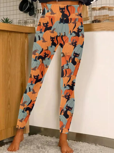 

Women Pumpkin Black Cat Halloween Print Simple Leggings, Orange, Leggings