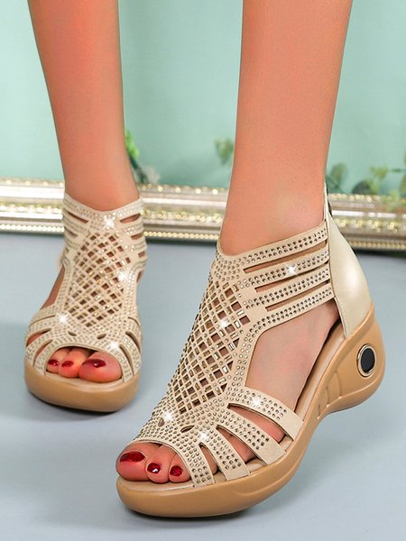 

Rhinestone Mesh Cutout Wedge Sandals, Khaki, Sandals
