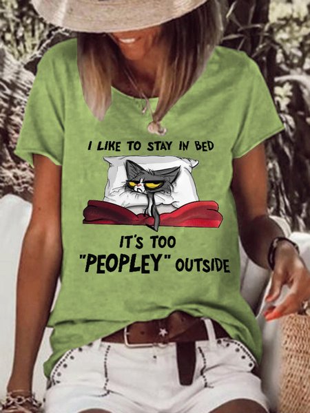 

Women Funny Graphic Black Cat I Like To Stay In Bed It’s Too Peopley Outside Loose T-Shirt, Green, T-shirts