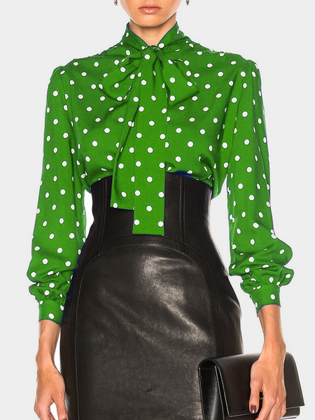 

Long Sleeve Polka Dots Loose Elegant Stand Collar Blouse, Green, Blouses and Shirts